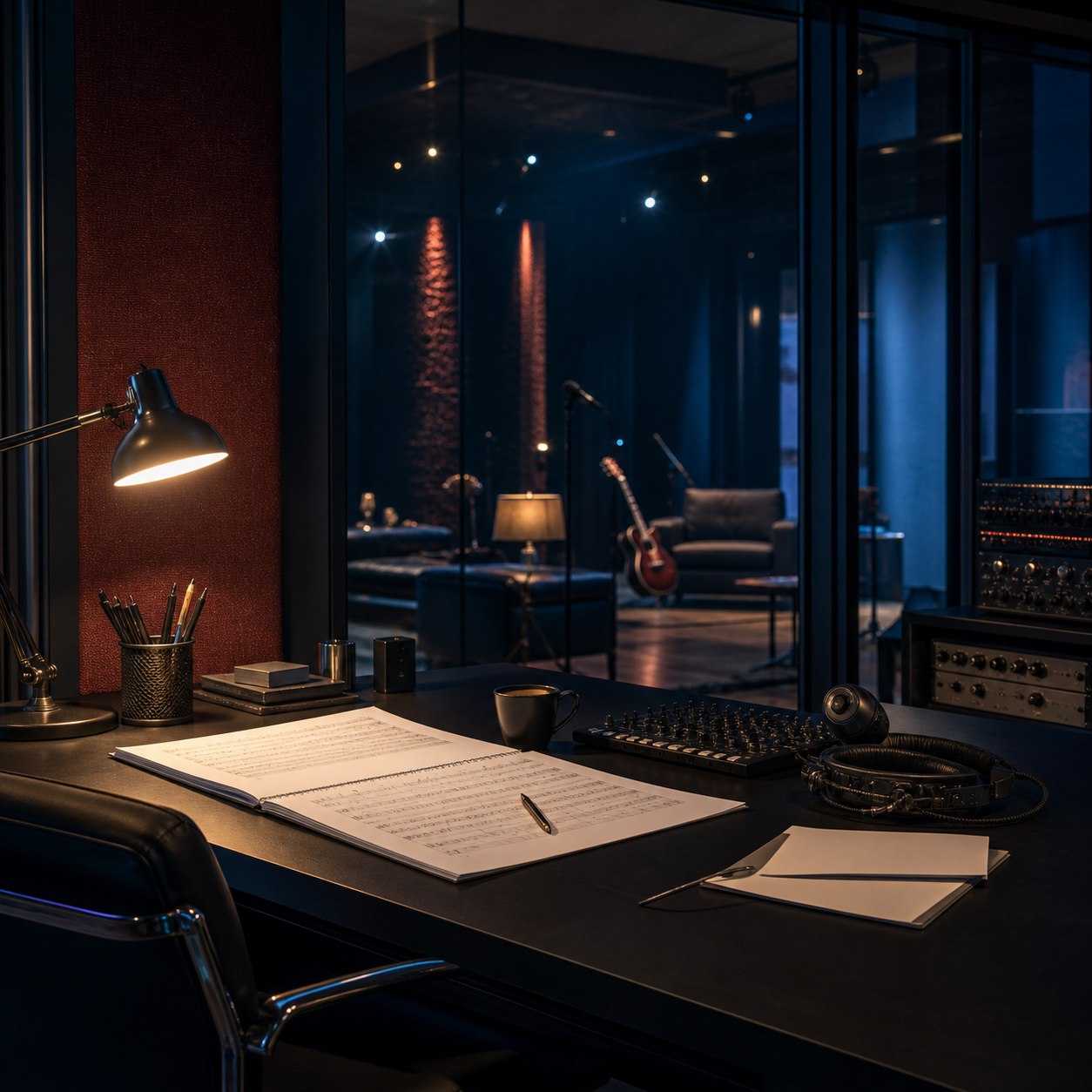 A music publishing and production workspace overlooking a recording studio